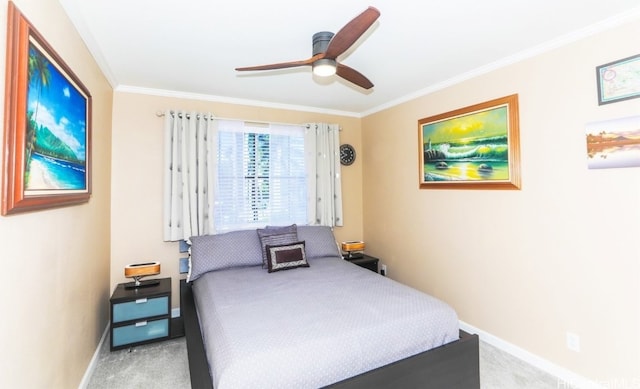 bedroom with light colored carpet, ceiling fan, and ornamental molding