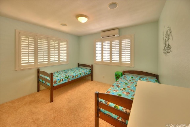 carpeted bedroom featuring a wall mounted air conditioner