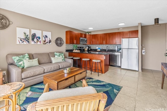 tiled living room with sink