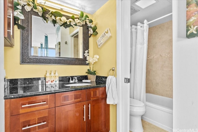 full bathroom featuring tile patterned flooring, vanity, shower / bath combination with curtain, and toilet