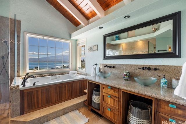 bathroom featuring plus walk in shower, vaulted ceiling with beams, tile patterned flooring, vanity, and wood ceiling