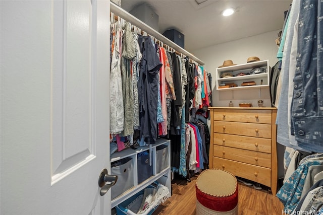 walk in closet with wood-type flooring