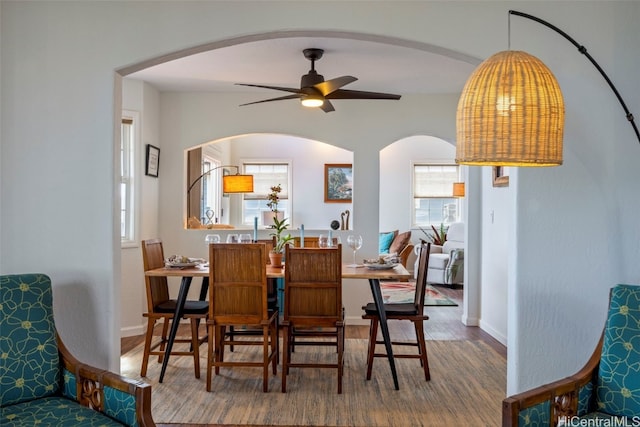 dining room featuring ceiling fan and hardwood / wood-style flooring