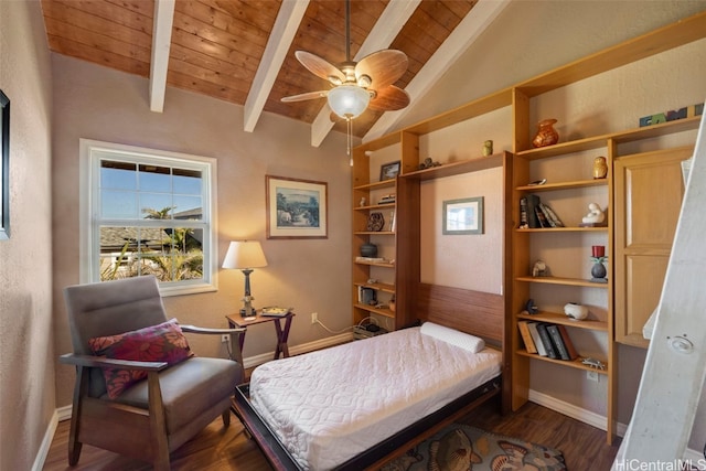 bedroom featuring vaulted ceiling with beams, ceiling fan, wooden ceiling, and dark wood-type flooring