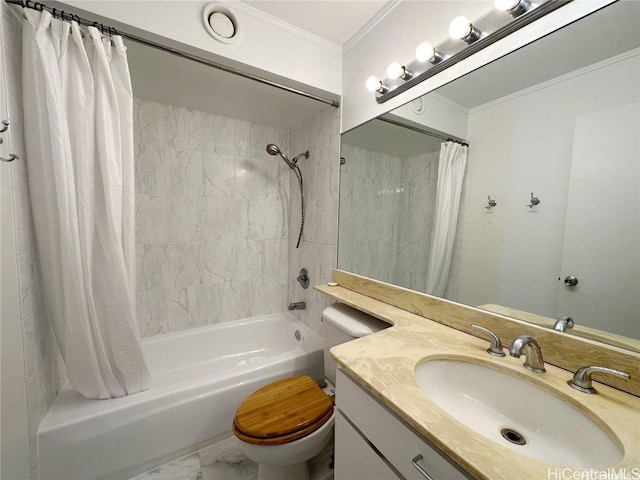 full bathroom with shower / bath combo with shower curtain, vanity, toilet, and ornamental molding