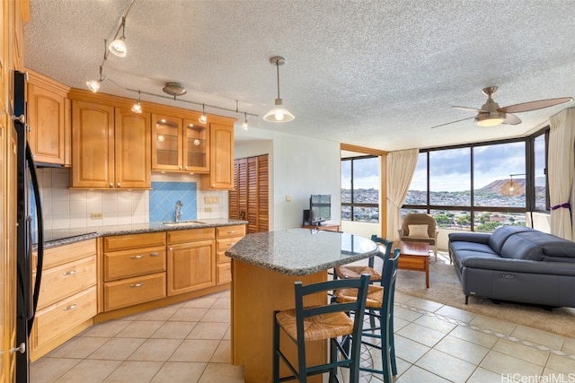 kitchen with decorative backsplash, track lighting, a textured ceiling, ceiling fan, and sink