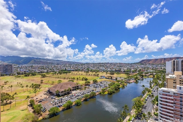 bird's eye view featuring a water and mountain view