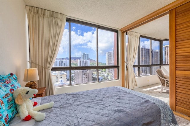 carpeted bedroom featuring floor to ceiling windows, a textured ceiling, and multiple windows