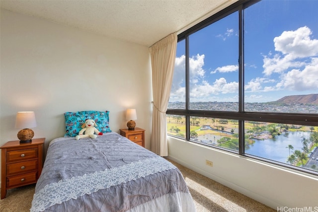 carpeted bedroom with multiple windows, a water view, and a textured ceiling