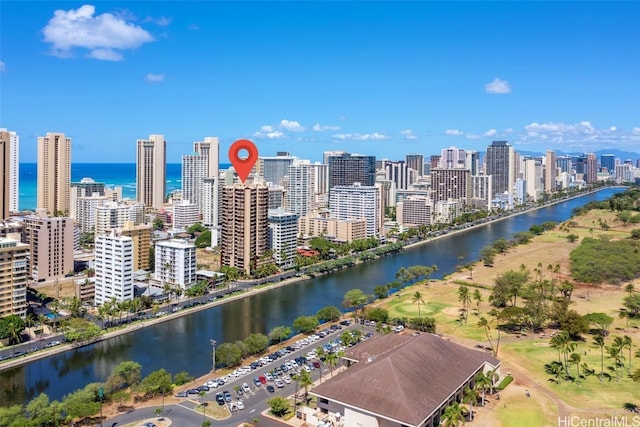 aerial view featuring a water view