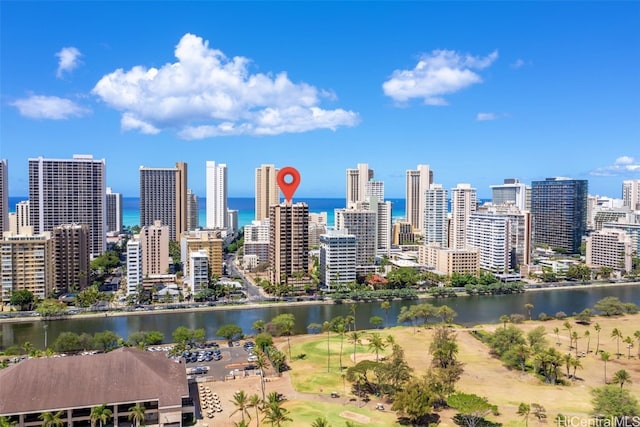 view of city with a water view