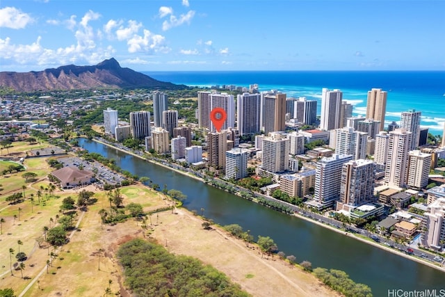 birds eye view of property featuring a water and mountain view