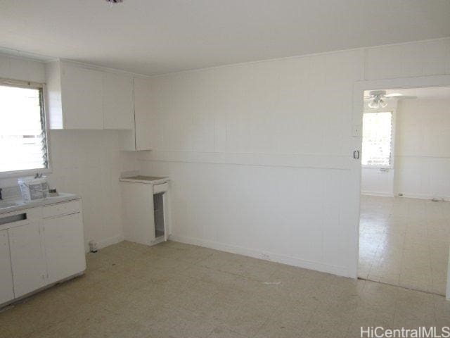 kitchen with white cabinetry and ceiling fan