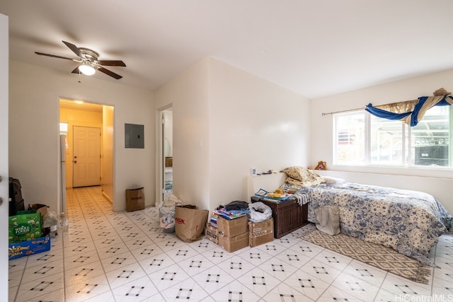 bedroom featuring stainless steel fridge, electric panel, and ceiling fan