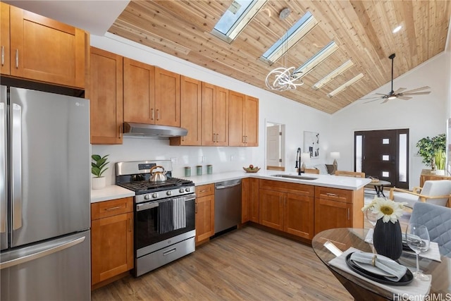 kitchen with light wood-type flooring, wood ceiling, stainless steel appliances, ceiling fan, and sink