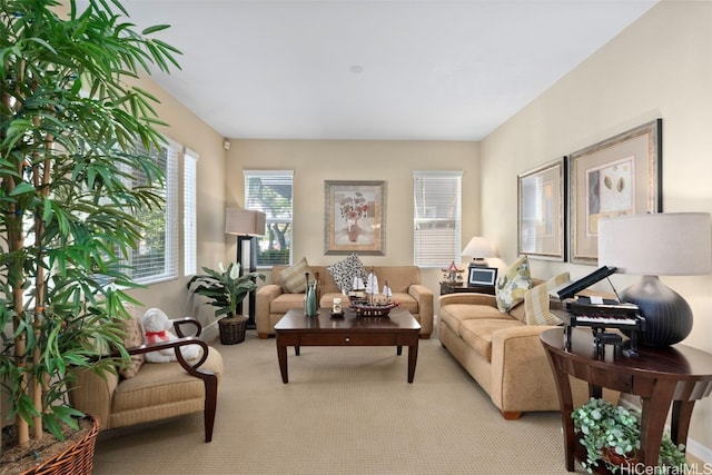 living room featuring light colored carpet