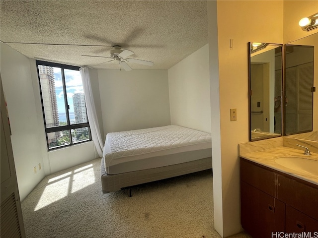 carpeted bedroom with a textured ceiling, ceiling fan, and sink