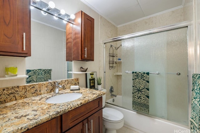 full bathroom featuring tasteful backsplash, crown molding, toilet, shower / bath combination with glass door, and vanity