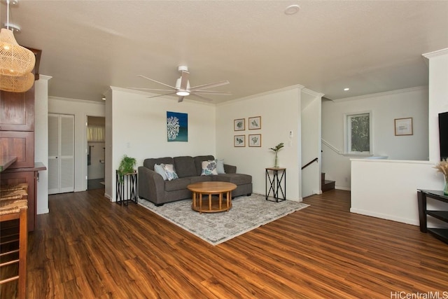 living room with crown molding, dark hardwood / wood-style floors, and ceiling fan