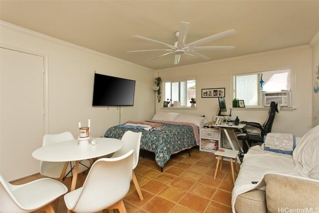 bedroom with crown molding, ceiling fan, tile patterned floors, and cooling unit