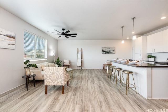 interior space featuring ceiling fan and light wood-type flooring