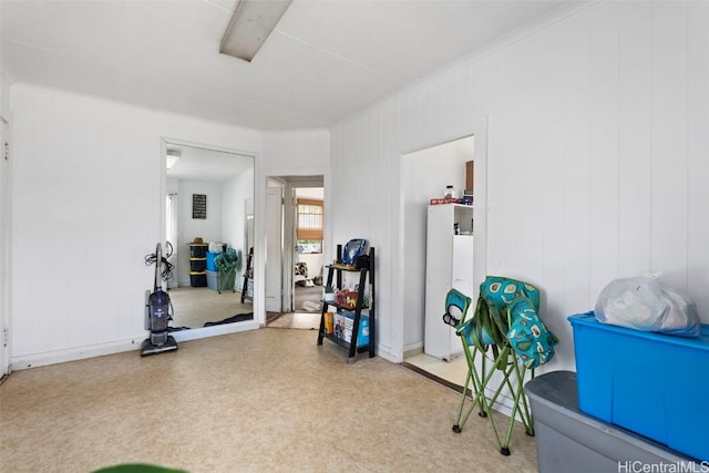 misc room with ornamental molding and wooden walls