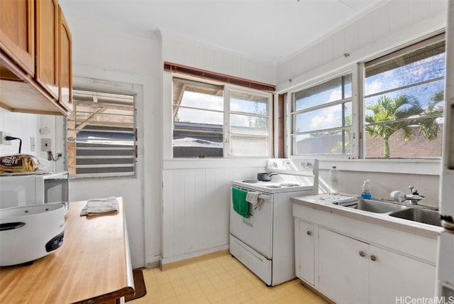 clothes washing area featuring washer and clothes dryer, wood walls, sink, and ornamental molding