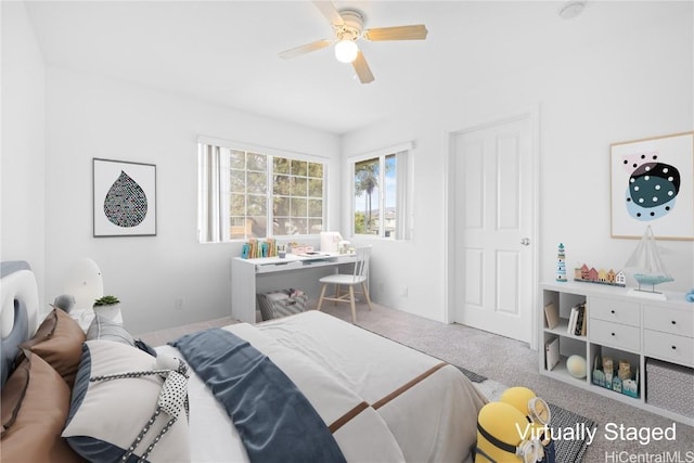 bedroom featuring carpet and ceiling fan