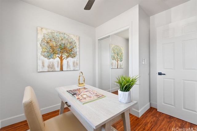 office space featuring ceiling fan and dark wood-type flooring