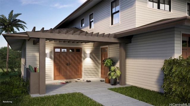 property entrance featuring a pergola