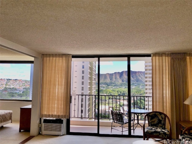 interior space with a mountain view and a textured ceiling