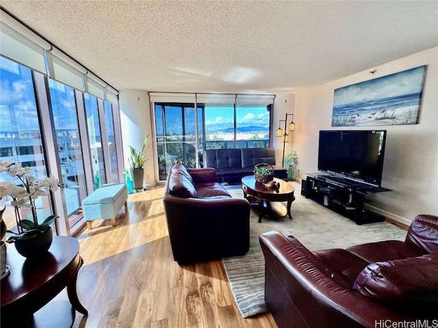 living room featuring expansive windows, light hardwood / wood-style floors, and a textured ceiling