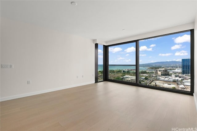 empty room with a water view, light wood-type flooring, and a wall of windows