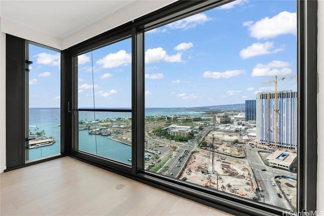 interior space with a water view and light wood-type flooring