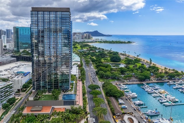 birds eye view of property featuring a water view