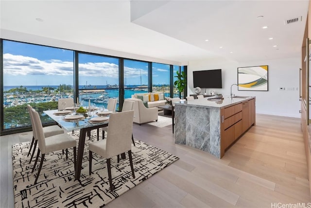 dining room featuring light hardwood / wood-style flooring, a wealth of natural light, and sink