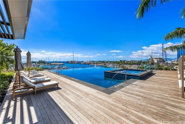 view of pool with a boat dock and a water view