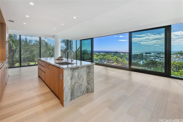 kitchen featuring floor to ceiling windows, a center island with sink, sink, light stone countertops, and light wood-type flooring