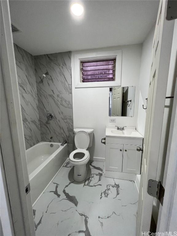 full bathroom with vanity, toilet, and tub / shower combination