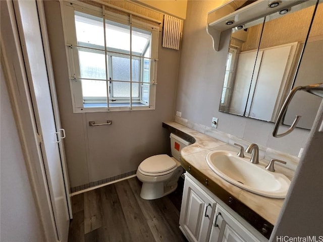 bathroom with hardwood / wood-style floors, vanity, and toilet