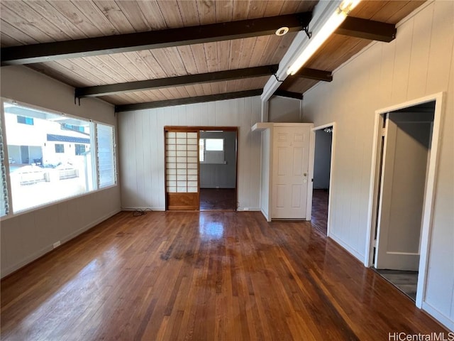 empty room with wood ceiling, vaulted ceiling with beams, wooden walls, and dark wood-type flooring