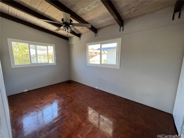 unfurnished room featuring lofted ceiling with beams, ceiling fan, dark parquet floors, and wood ceiling