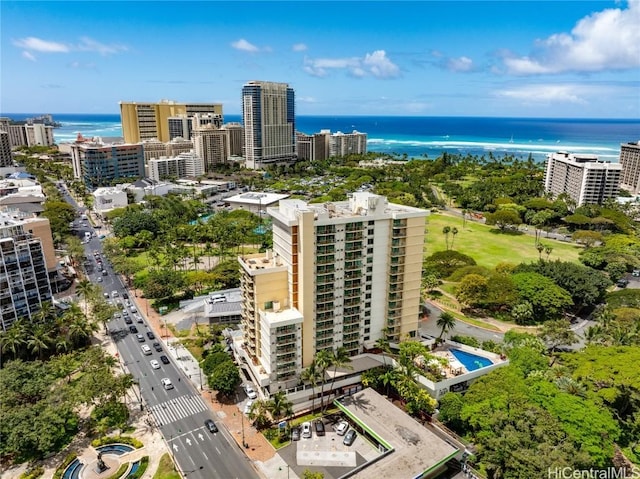 bird's eye view with a water view