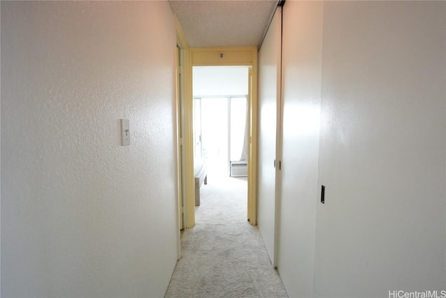 hall featuring a textured ceiling and light colored carpet