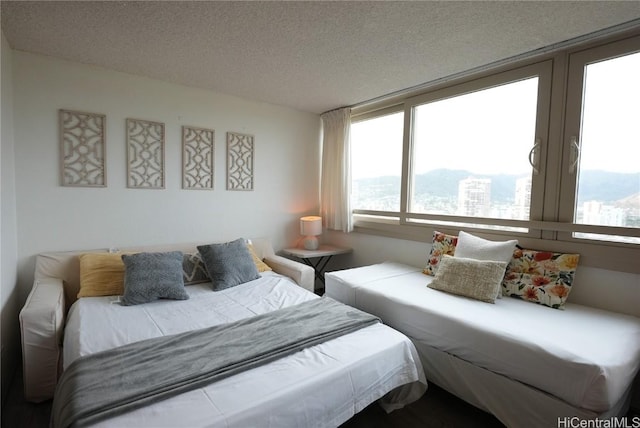 bedroom with a mountain view, a textured ceiling, and multiple windows