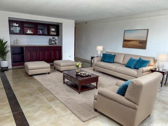 living room with light tile patterned floors