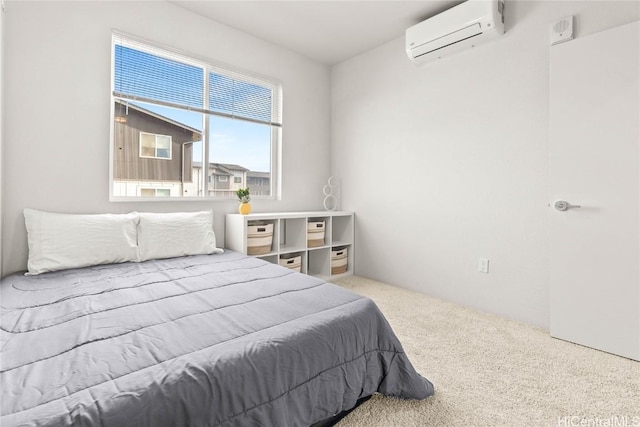 carpeted bedroom with an AC wall unit