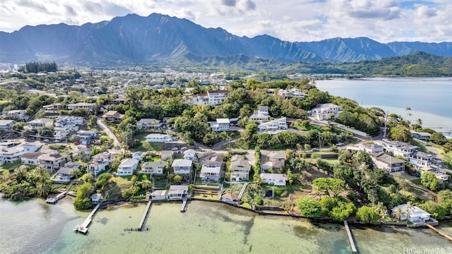 bird's eye view featuring a water and mountain view