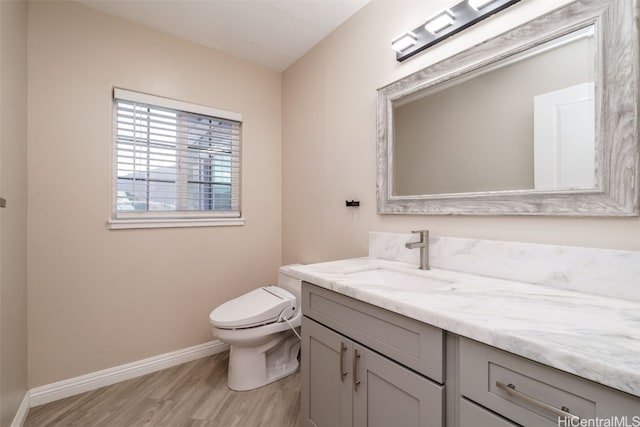 bathroom with vanity, wood-type flooring, and toilet