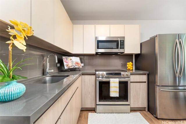 kitchen with decorative backsplash, light wood-type flooring, stainless steel appliances, and sink